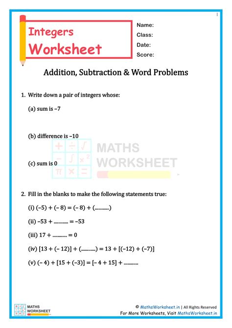Maths Integers Class 7 Worksheet