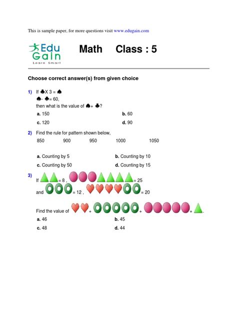 maths olympiad practice papers for class 5