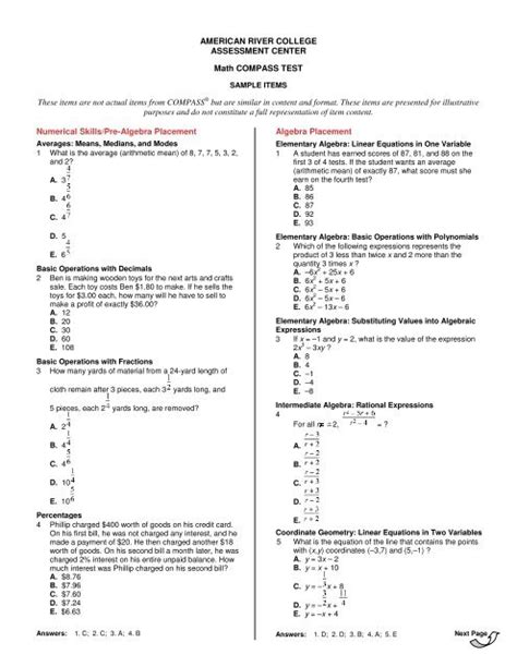 maths placement test questions and answers pdf