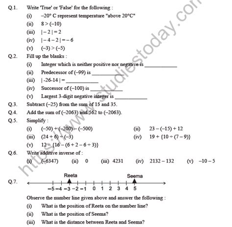 maths questions for class 6 integers