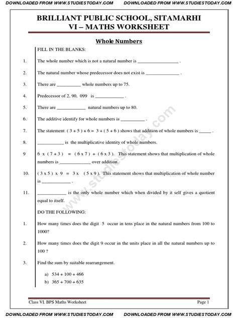 Maths Worksheet Class 6 Cbse