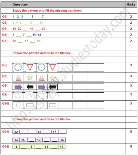 Maths Worksheet For Class 1 Patterns