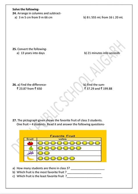 Maths Worksheet For Class 3 With Answers