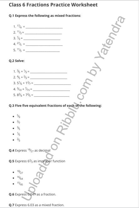 Maths Worksheets For Class 6 Fractions