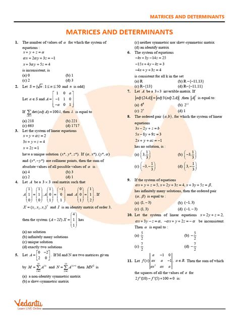Matrices And Determinants Jee Mains Questions With Solutions Pdf