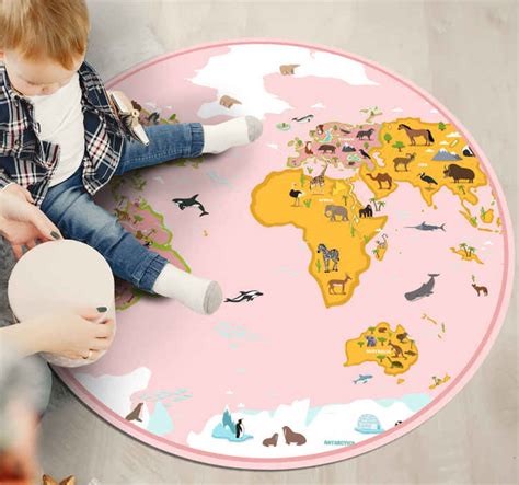 Cirkelformad rosa världskarta för barn vinyl matta vinyl karta ma