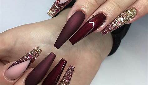Long Matte Coffin Nails Burgundy Maroon & Gold Glitter Red