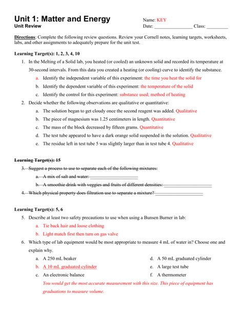 matter and energy worksheet answers