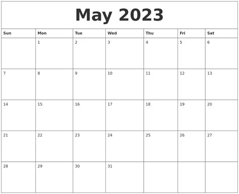 Printable May 2023 Calendar Classic Blank Sheet