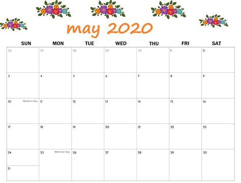 Free May 2020 Printable Calendar in PDF Word Excel With Holidays