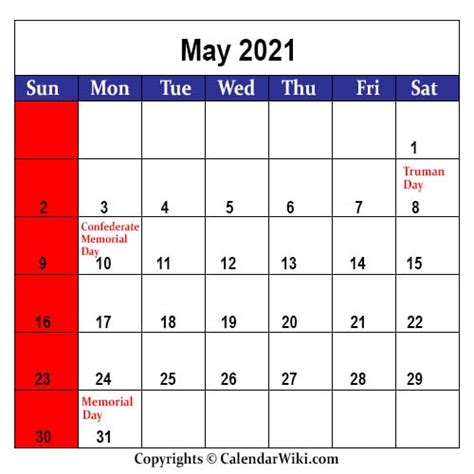 may calendar 2021 with holidays