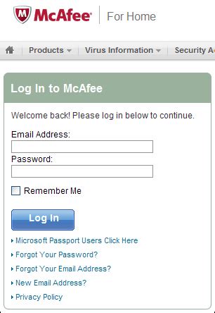 mcafee my account subscription login password