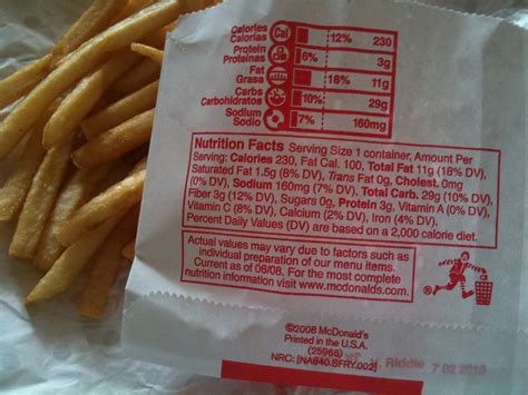 mcdonald's nutrition facts small fries