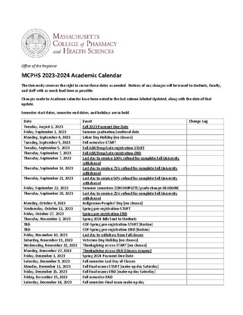 mcphs academic schedule