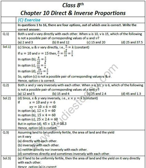 mcq questions on direct and inverse variation for class 8