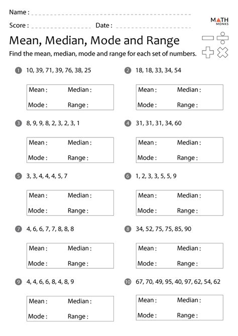 mean mode median range worksheet with answers