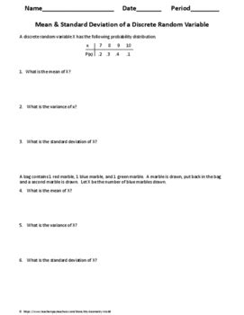mean variance and standard deviation of a discrete random variable worksheet