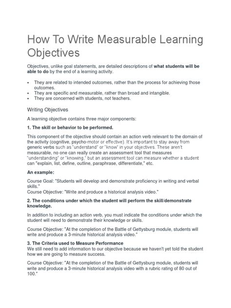 measurable learning objectives examples pdf