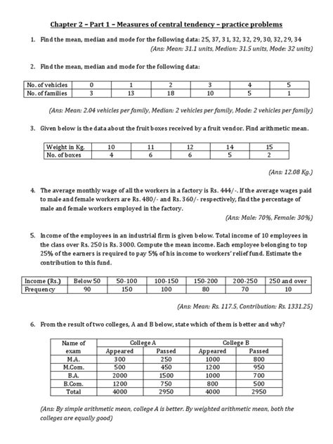 measures of central tendency worksheet with answers
