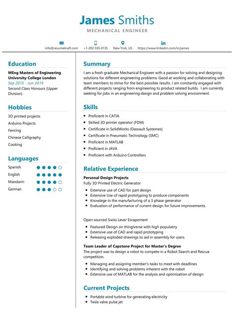 mechanical engineering student cv example