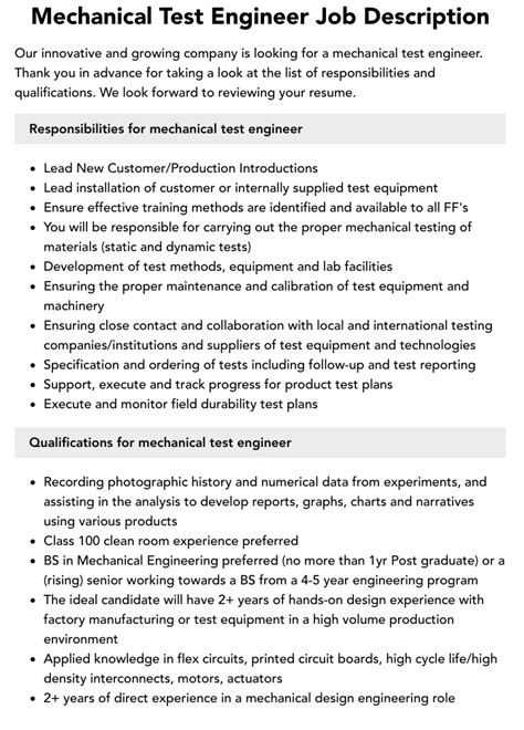 Mechanical Test Engineer Description