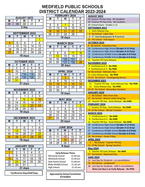 Medfield School Calendar 2024-25
