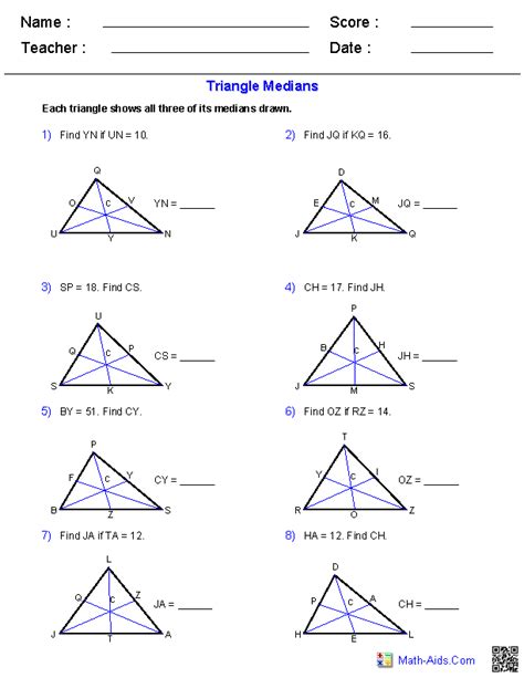 median and altitude of a triangle worksheet