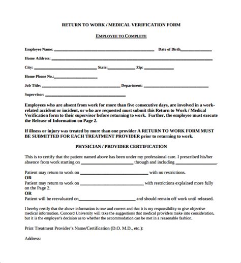 Employer Doctor Release Form To Return To Work FREE 23+ Sample