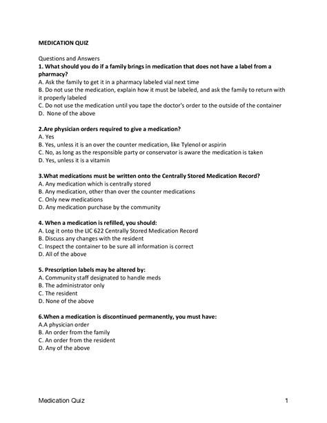 Medication Quiz Questions And Answers