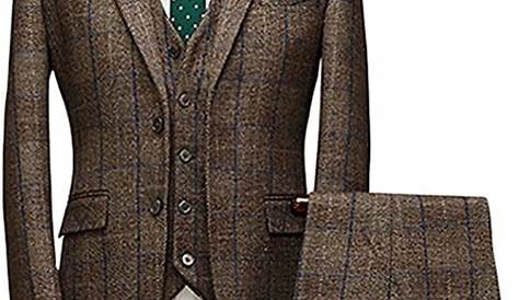 Mens Brown Plaid Suit Men's Glen 3 Piece 2 Button Classic Fit