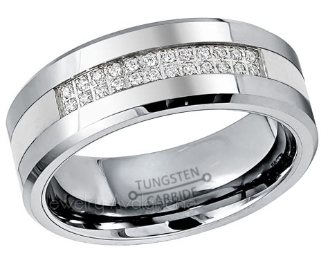 8mm White Tungsten Carbide Ring Matte Polished Finish Beveled Mens
