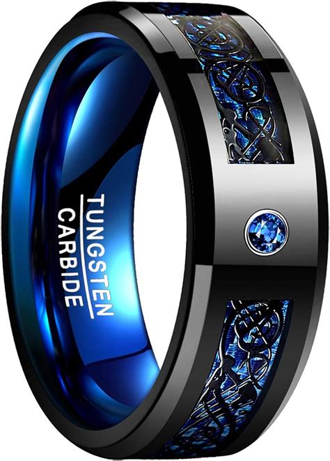 mens tungsten with black and blue carbon fiber inlay ring