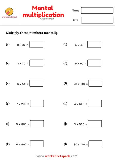 Mental Math Multiplication Worksheets Grade 5