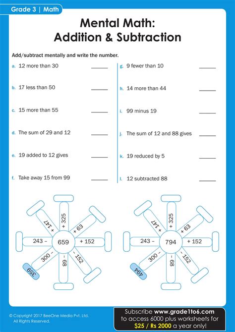 Mental Math Subtraction Worksheets Grade 3