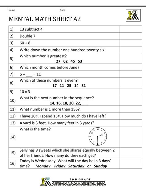 Mental Math Worksheet For Class 2