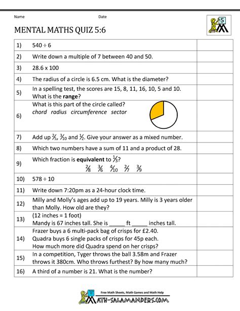 mental maths questions with answers for class 5