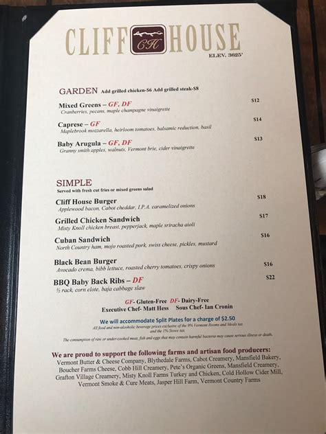 Menu Cliff House Stowe
