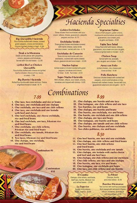 menu for la hacienda restaurant