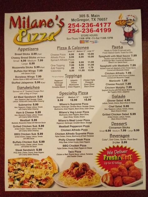 menu for milano's pizza