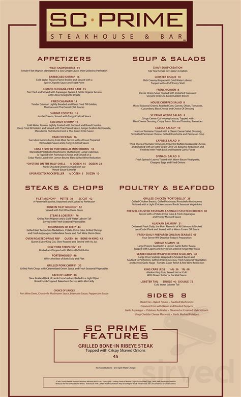 menu for prime steakhouse