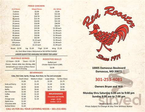 menu for red rooster