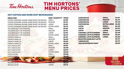 menu of tim hortons