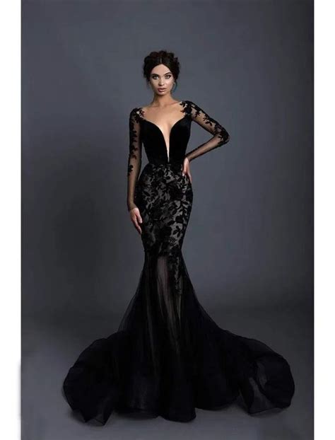 Elegant Long Sleeve Lace Mermaid High Neck Wedding Black Dressin