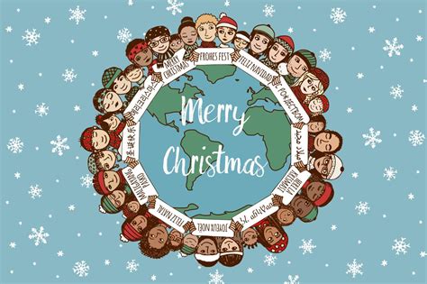 Merry Christmas greetings card from world in different