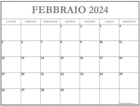 mese di febbraio 2024 calendario