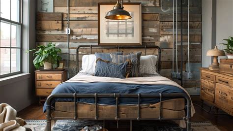Metal bed frame in industrial bedroom