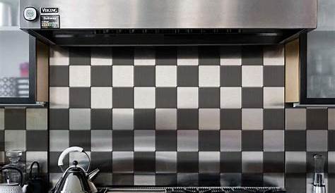 Chrome hood and metal tile backsplash Kitchen remodel small