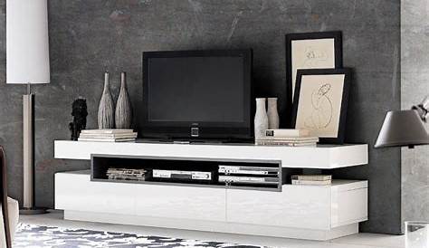 Salon Meuble TV bas design, blanc laqué à 2 tiroirs