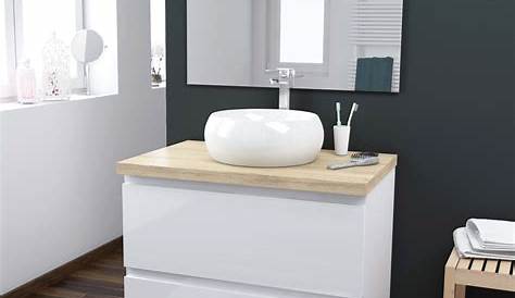 Meuble salle de bain blanc plan de travail bois