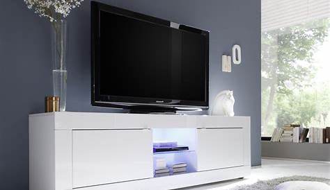 Salon Meuble TV bas design, blanc laqué à 2 tiroirs